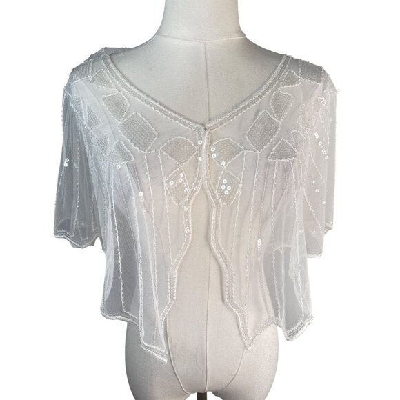 Vintage OS White Beaded Sequin Capelet Bridal Shawl - Picture 10 of 13